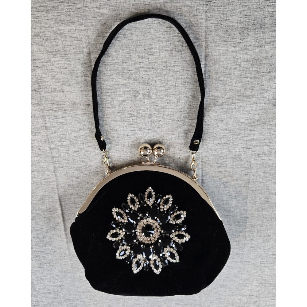Small Black Velvet Bead Adorned Evening Clutch Bag Purse Kiss Lock Closure